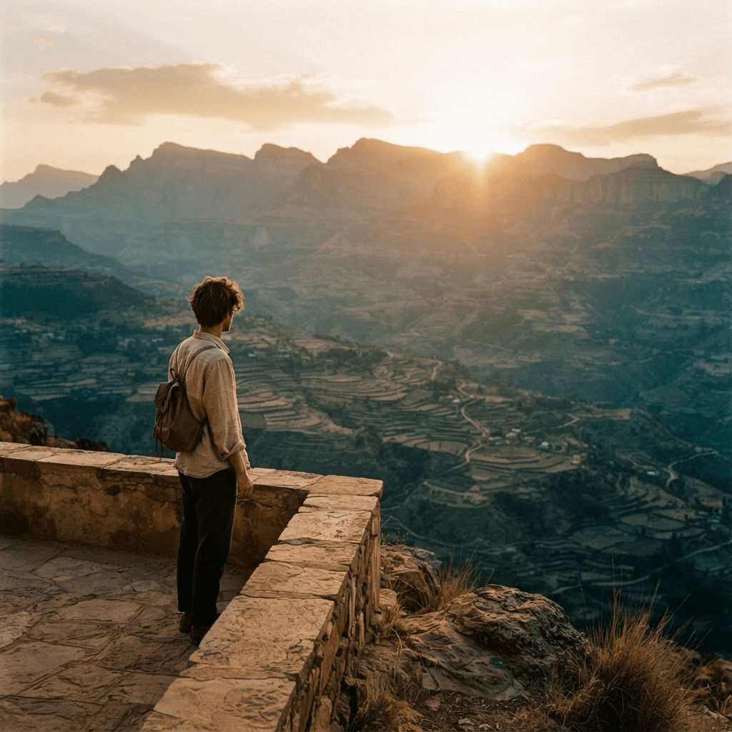 Traveler watching the sunset over a valley of terraced hills